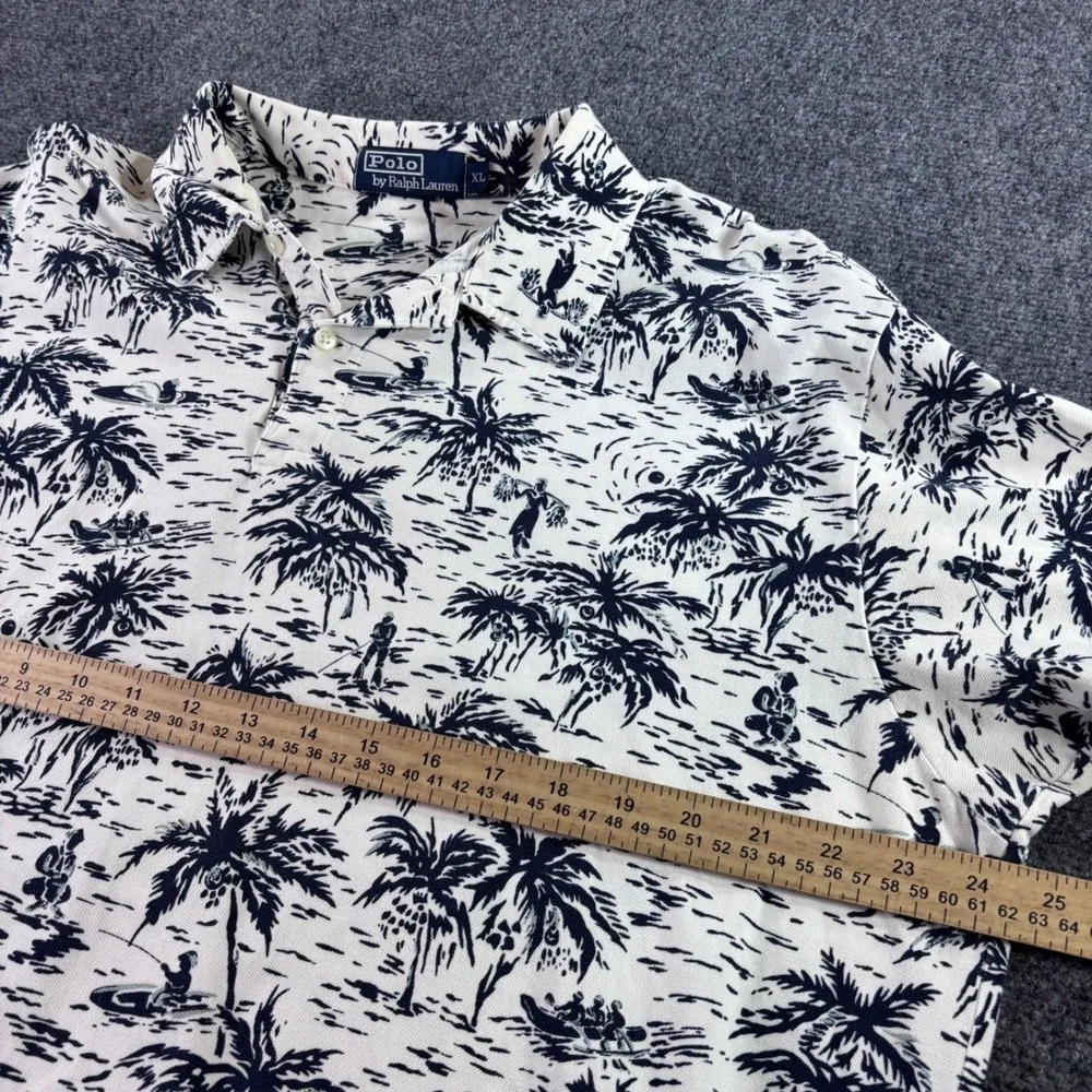 Polo Ralph Lauren Polo Shirt Mens XL Cream Navy Tropical Island Palm Tree USA